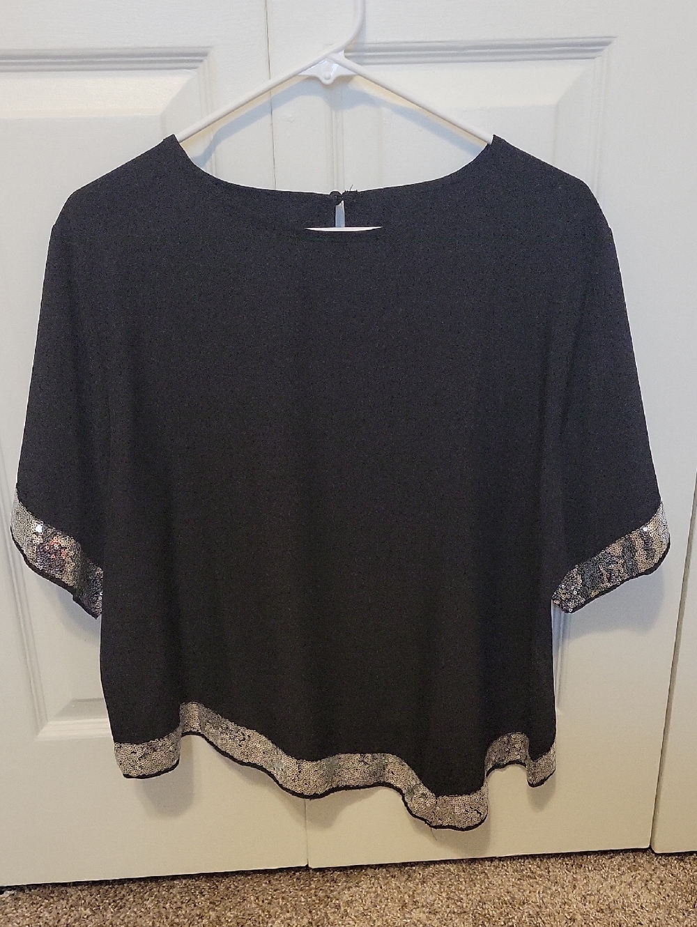 Black Women's Boxy Top with Silver Sequin Trim
